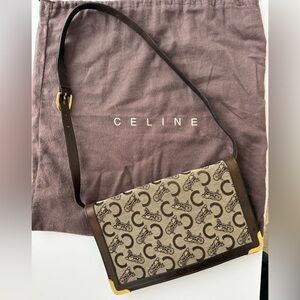 Vintage Celine Monogram Brown and Gold Shoulder Bag